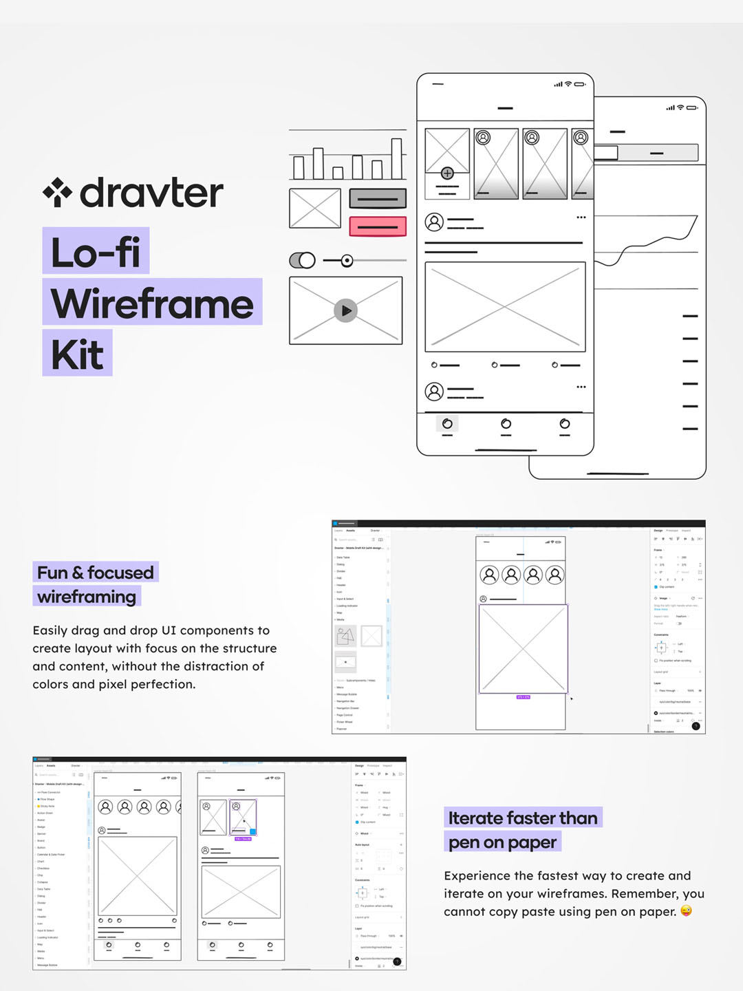 150多个PC和移动端低保真原型图，线框图UI设计组件sketch,figma格式