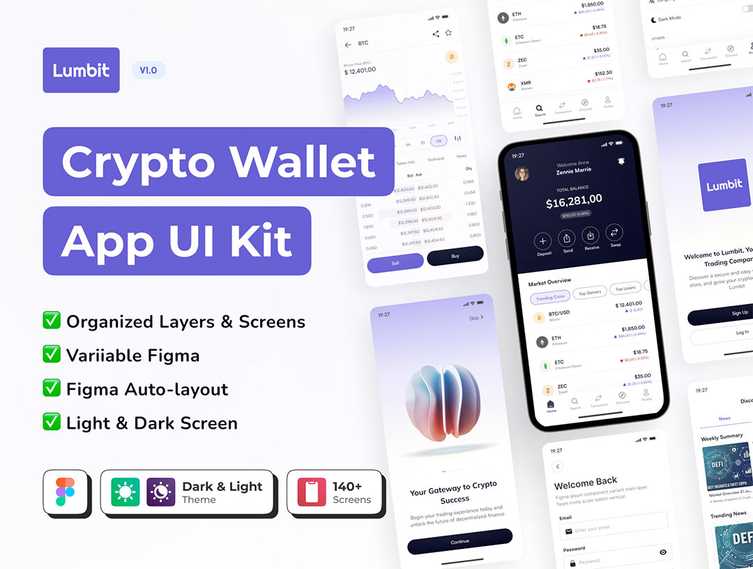 明暗共100页加密货币钱包app界面设计figma格式